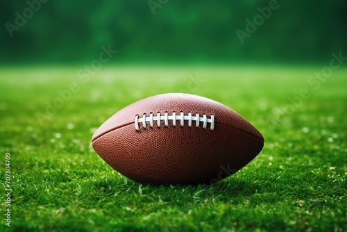 Leather american football ball on green football field