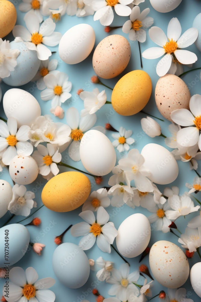 Colorful Easter Eggs on Blue Background with Spring Flowers Colorful Easter Eggs on Blue Background with Spring Flowers