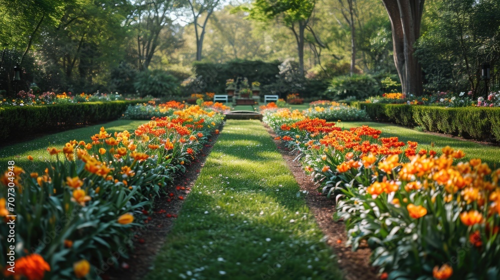 Beautiful well-kept spring garden. The green lawn emphasizes the full bloom of flowers in the mixborder. Diverse floral spectrum of tulips, daffodils, hyacinths.