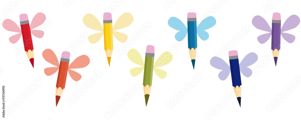 pencils of all colors of the rainbow, colored pencils, pencils with wings, flying magic pencils