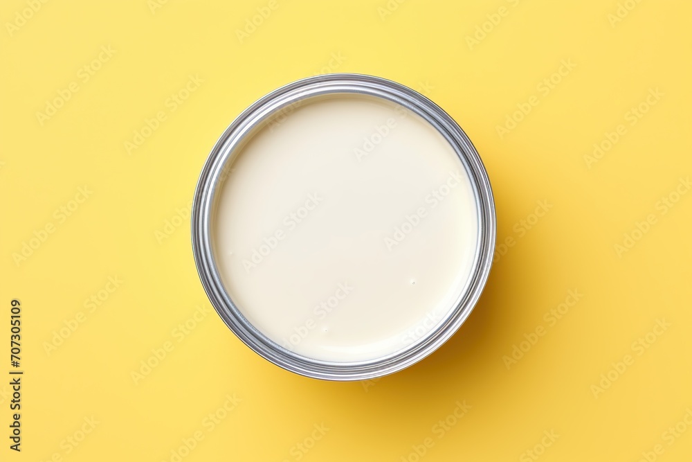 Metal paint can with white paint on yellow background Metal paint can with white paint on yellow background