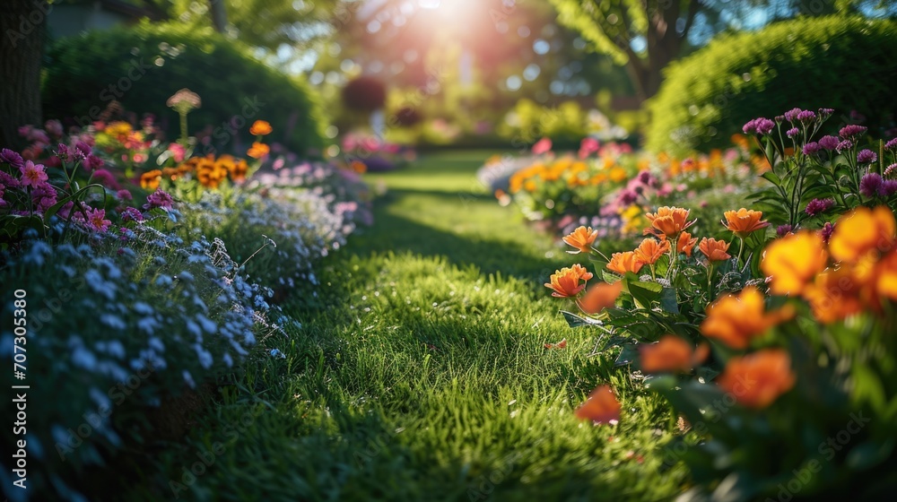 Beautiful well-kept spring garden. The green lawn emphasizes the full bloom of flowers in the mixborder. Diverse floral spectrum of tulips, daffodils, hyacinths. - obrazy, fototapety, plakaty 