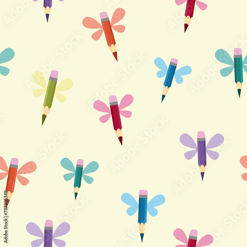simple seamless pattern, flying pencils, a swarm of bright colored pencils on a light background