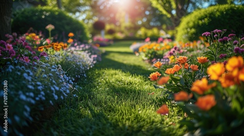 Beautiful well-kept spring garden. The green lawn emphasizes the full bloom of flowers in the mixborder. Diverse floral spectrum of tulips, daffodils, hyacinths. photo