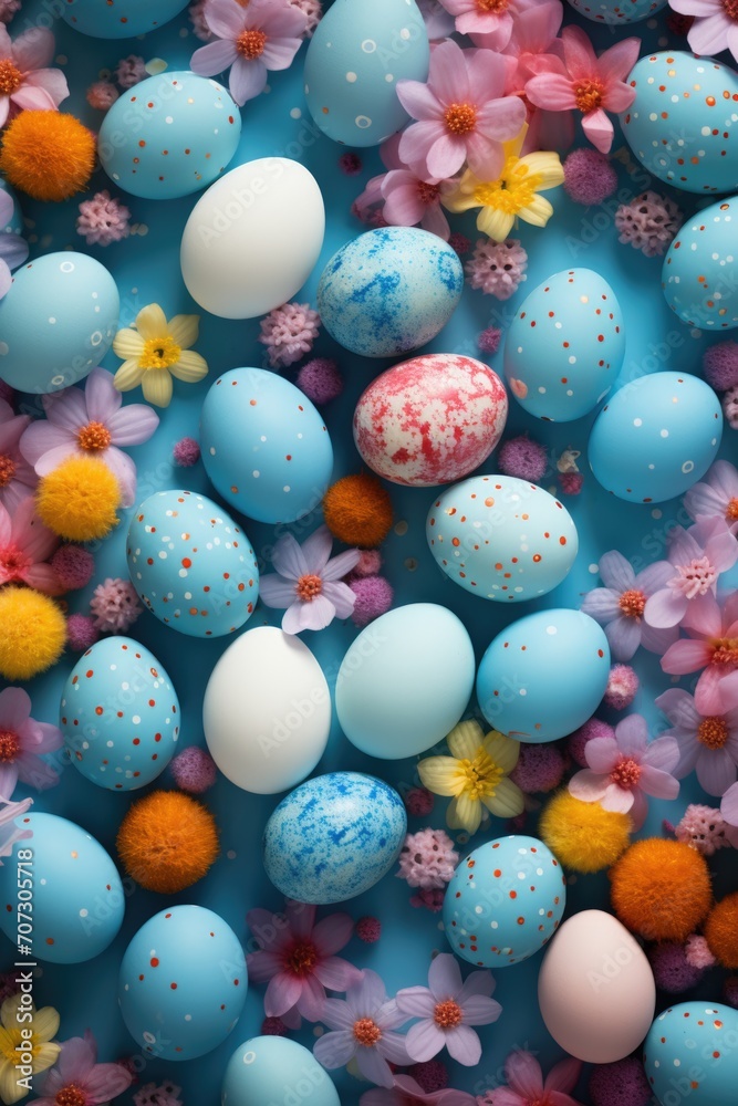 Beautiful Easter composition with eggs and spring flowers on color background