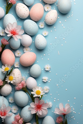 Easter holiday concept. Easter picture  multi-colored eggs  spring flowers on a red background. Happy Easter