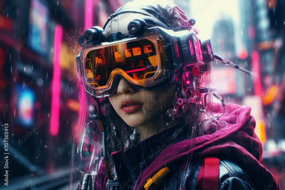 A young girl in cyberpunk style clothing against the background of a brightly glowing neon purple city A young girl in cyberpunk style clothing against the background of a brightly glowing neon purple city