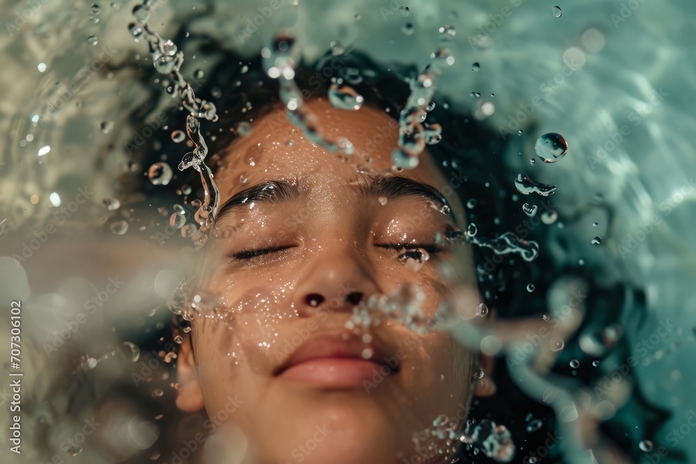A candid shot capturing the genuine expression of a girl in a bathroom, splashing water on her face. The water droplets, combined with the vibrant color palette, convey a sense of freshness and vitali