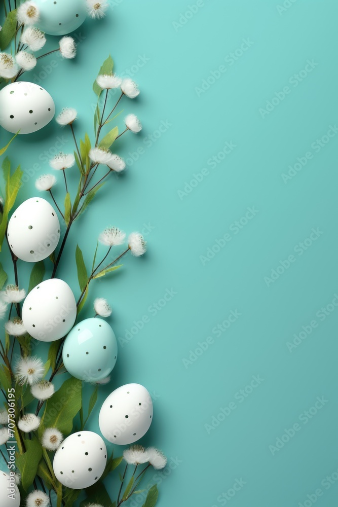 Beautiful Easter eggs with green leaves on color background Beautiful Easter eggs with green leaves on color background