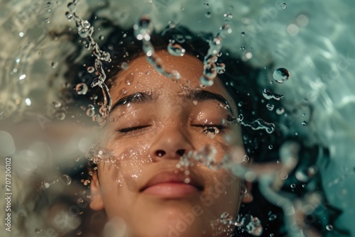 A candid shot capturing the genuine expression of a girl in a bathroom, splashing water on her face. The water droplets, combined with the vibrant color palette, convey a sense of freshness and vitali