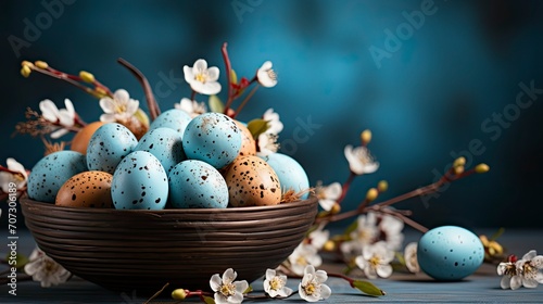 Happy Easter. Bunnies, eggs and flowers. Modern style design © Viktoryia