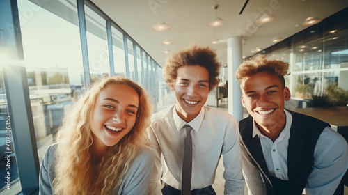 A group of happy young motley businessmen in the office, smiling international teenagers in business suits launching their startup, young creative entrepreneurs, managers and office staff, company emp photo