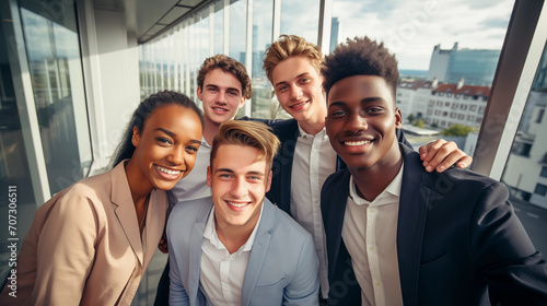 A group of happy young motley businessmen in the office, smiling international teenagers in business suits launching their startup, young creative entrepreneurs, managers and office staff, company emp