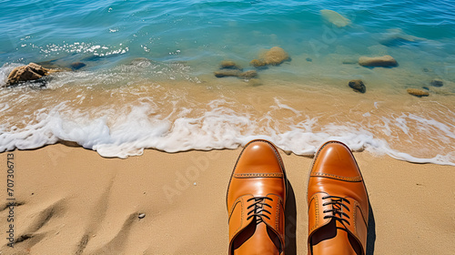 Stylish mens shoes elegantly placed against the backdrop of a sandy beach