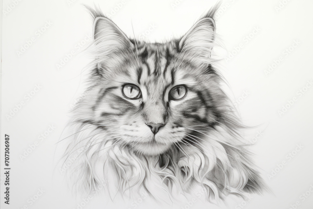 Pencil drawing cat on paper, photorealistic portrait of cute pet, illustration. Painted animal face isolated on white background. Concept of design, nature, realistic art, sketch Pencil drawing cat on paper, photorealistic portrait of cute pet, illustration. Painted animal face isolated on white background. Concept of design, nature, realistic art, sketch