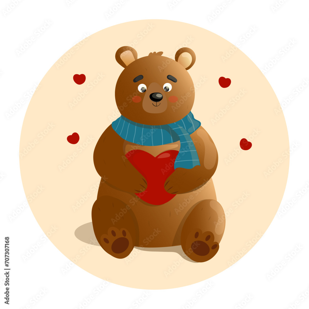 Obraz premium Cute brown bear sitting with heart. Drawn vector illustration. Character for Valentine day in cartoon style. 