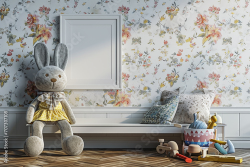 Frame mockup picture on white wall in kids room. Modern children`s home interior with colorful wallpaper, blank poster and soft toys. Concept of Scandinavian minimalist design