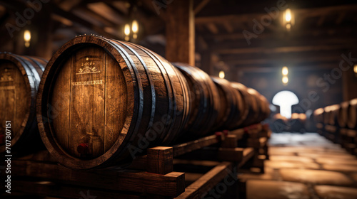 Vintage wooden barrels stored in dark wine cellar, perspective of old brown oak casks in storage of winery. Concept of vineyard, viticulture, production, wood, warehouse, winemaking