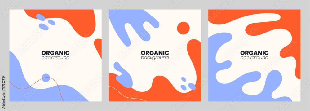 Hand drawn abstract colorful background set. Modern cards with creative trendy fluid shapes, doodle organic elements. Contemporary fanciful covers. Colored flat vector illustrations.