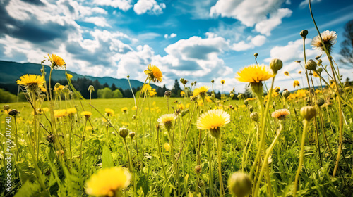 a meadow with lush green grass and vibrant yellow dandelion flowers