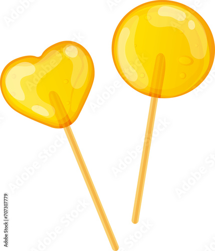 Two glossy candy lollipops in heart and circle shape on sticks. Sweet treats, romantic gift, sugary snack vector illustration.