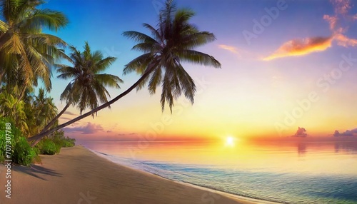 paradise beach with palm trees and calm ocean at dawn or sunset panoramic banner of a peaceful landscape generative ai © Wendy