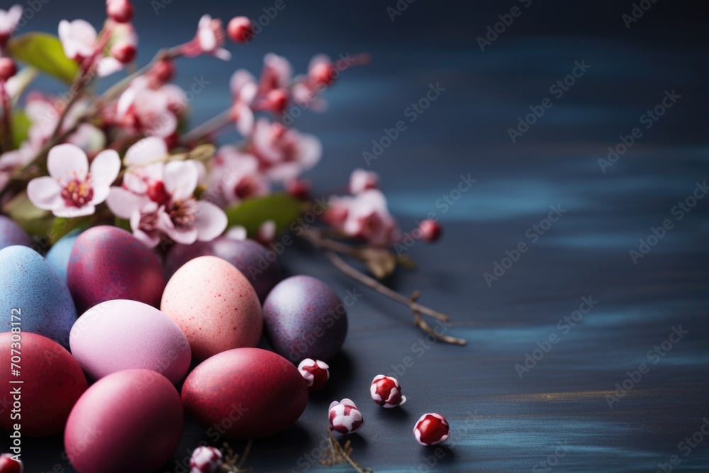 Easter dark background with Easter eggs and spring flowers. Easter dark background with Easter eggs and spring flowers.