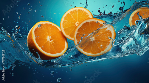 Pieces of fruit of oranges in water splash  half of oranges in blue water as background texture