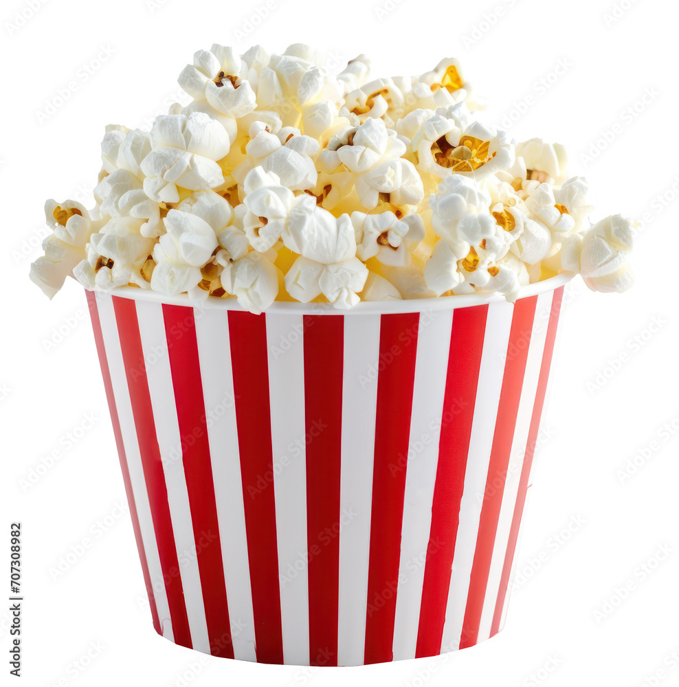 Red and isolate Striped Bucket Filled With Popcorn for Snacking