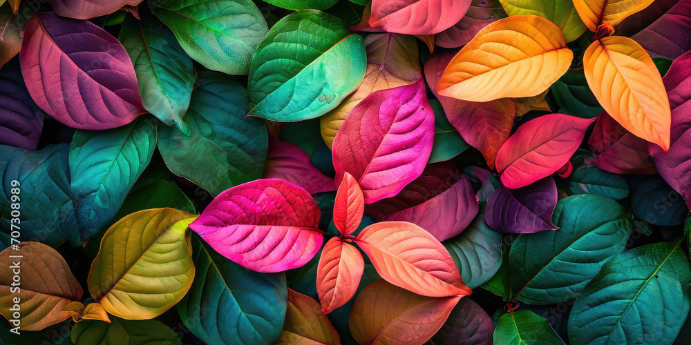 Abstract wildlife wallpaper with lots of colorful growing bush leaves. Iridescent fluorescent leaves of different colors. Background for backing.