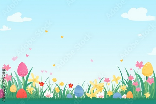 Flat cartoonish style easter banner with colorful eggs  grass and flowers  with empty copy space Generative AI
