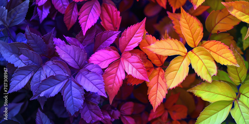 Abstract wildlife wallpaper with lots of colorful neon growing bush leaves. Iridescent fluorescent leaves of different colors. Background for backing.