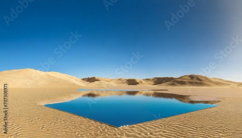 3d render abstract fantastic panoramic background desert landscape with sand water and square mirror under the clear blue sky modern minimal aesthetic wallpaper