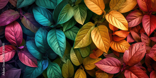 Abstract wildlife wallpaper with lots of colorful growing bush leaves. Iridescent fluorescent leaves of different colors. Background for backing.