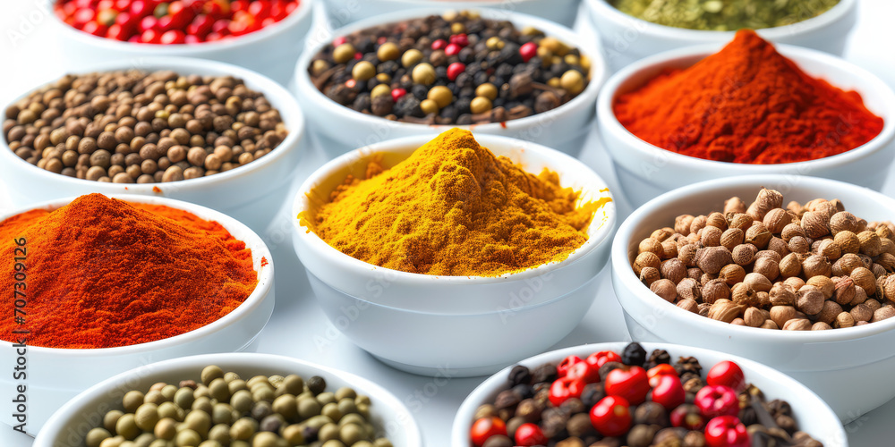 Assortment of different dry spices in white ceramic round cups on a white background. Spicy and savory spices for cooking and seasoning dishes.