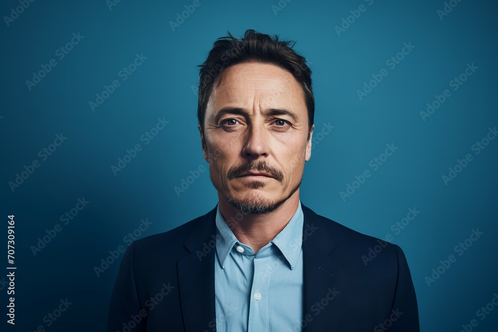 Portrait of a serious mature businessman looking at camera while standing against blue background. Portrait of a serious mature businessman looking at camera while standing against blue background.