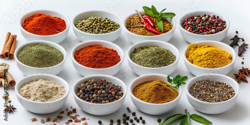 Assortment of different dry spices in white ceramic round cups on a white background. Spicy and savory spices for cooking and seasoning dishes.