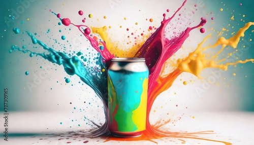 the liquid from a drink can explode with colors generative ai