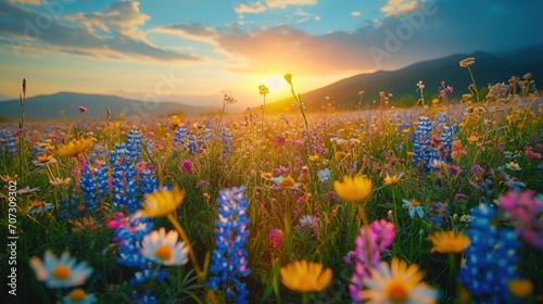 Landscape Photography, a spring valley of wildflowers, Serenity and Beauty, Golden Hour, Vivid Colors.