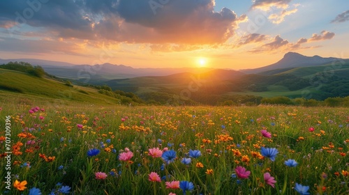 Landscape Photography, a spring valley of wildflowers, Serenity and Beauty, Golden Hour, Vivid Colors.