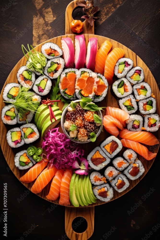 Rainbow Sushi Roll with salmon ,Sushi roll japanese food