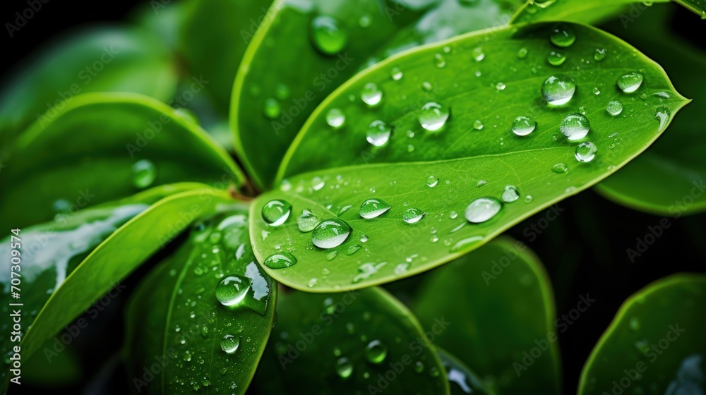Gentle raindrops lightly tap on the lush green leaves Gentle raindrops lightly tap on the lush green leaves
