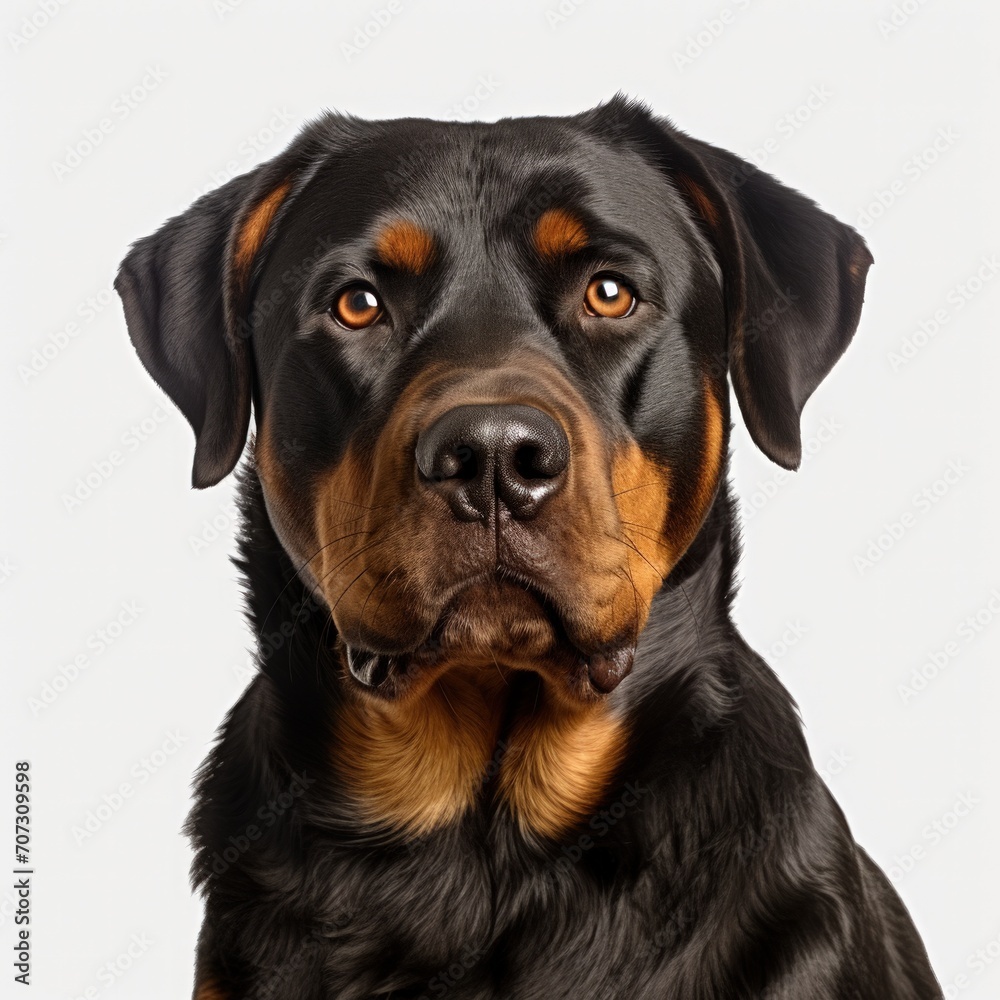 Close-up of a rottweiler dog against a white background.