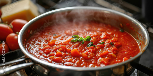 Close-up of red spicy sauce with steam cooking in a metal pot. Recipe for making red sauce for dressing dishes, thick texture of vegetable puree. photo