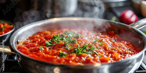 Close-up of red spicy sauce with steam cooking in a metal pot. Recipe for making red sauce for dressing dishes, thick texture of vegetable puree.