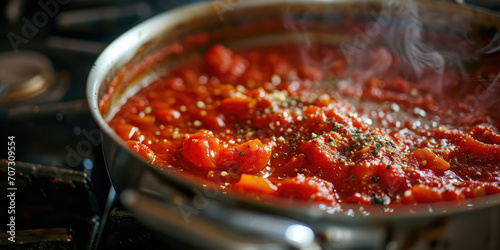 Close-up of red spicy sauce cooking in a metal pot. Recipe for making red sauce for dressing dishes, thick texture of vegetable puree.