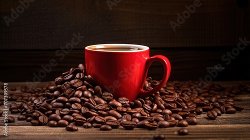 A red coffee cup filled with black coffee on a wooden background with coffee beans
