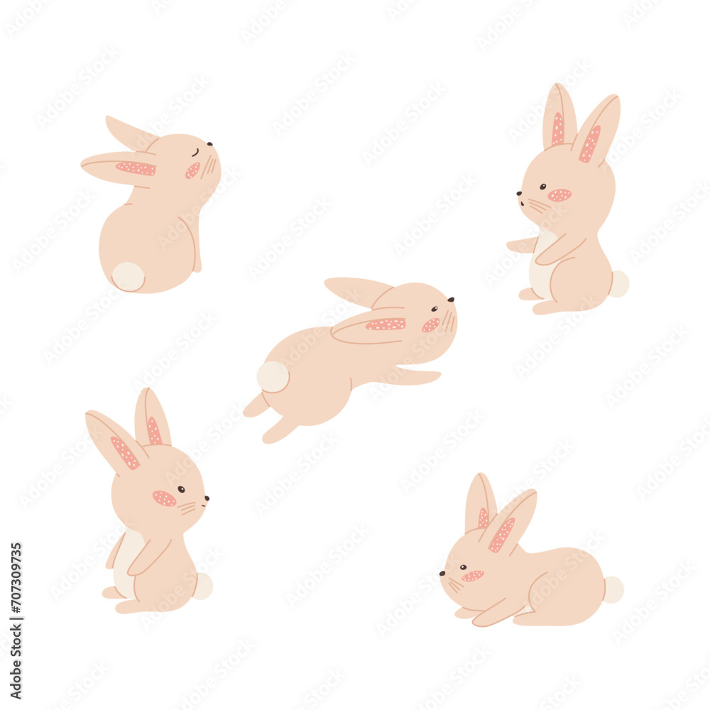 Set of vector cute cartoon rabbits in simple hand drawn style. Fluffy bunnies in different poses are standing sitting lying in pastel colors isolated on white. Illustrations with animal icons