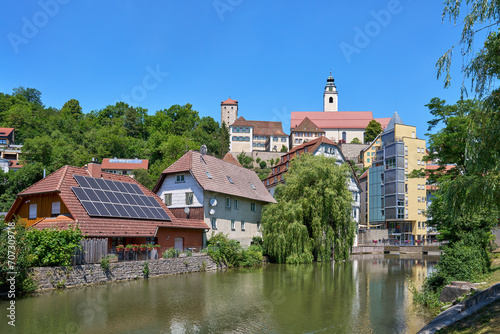 Horb am Neckar, Deutschland - Blick über den Mühlkanal nach oben zur Stiftskirche, dem Wahrzeichen der Stadt, links davon der Schurkenturm photo