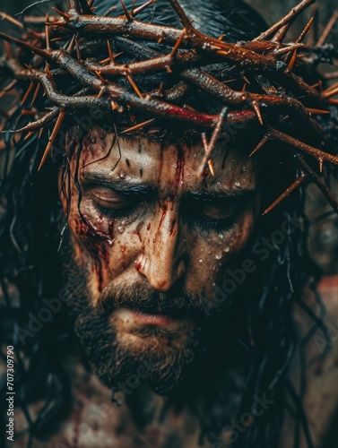 Divine Sacrifice: A powerful portrayal of Jesus Christ in pain with the crown of thorns, a symbol of the Christian belief in sacrifice, redemption, and the miraculous resurrection celebrated during th